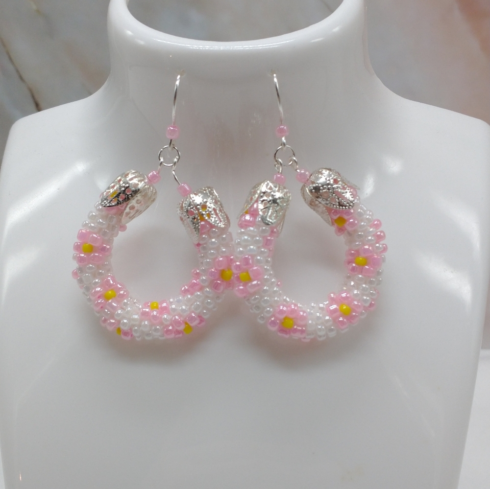 Handmade Flower Design Spiral Bead Crochet Hoop Earrings